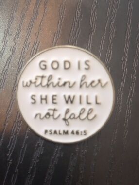 Christian Faith God Is Within Her Round Enamel Brooch White and Gold